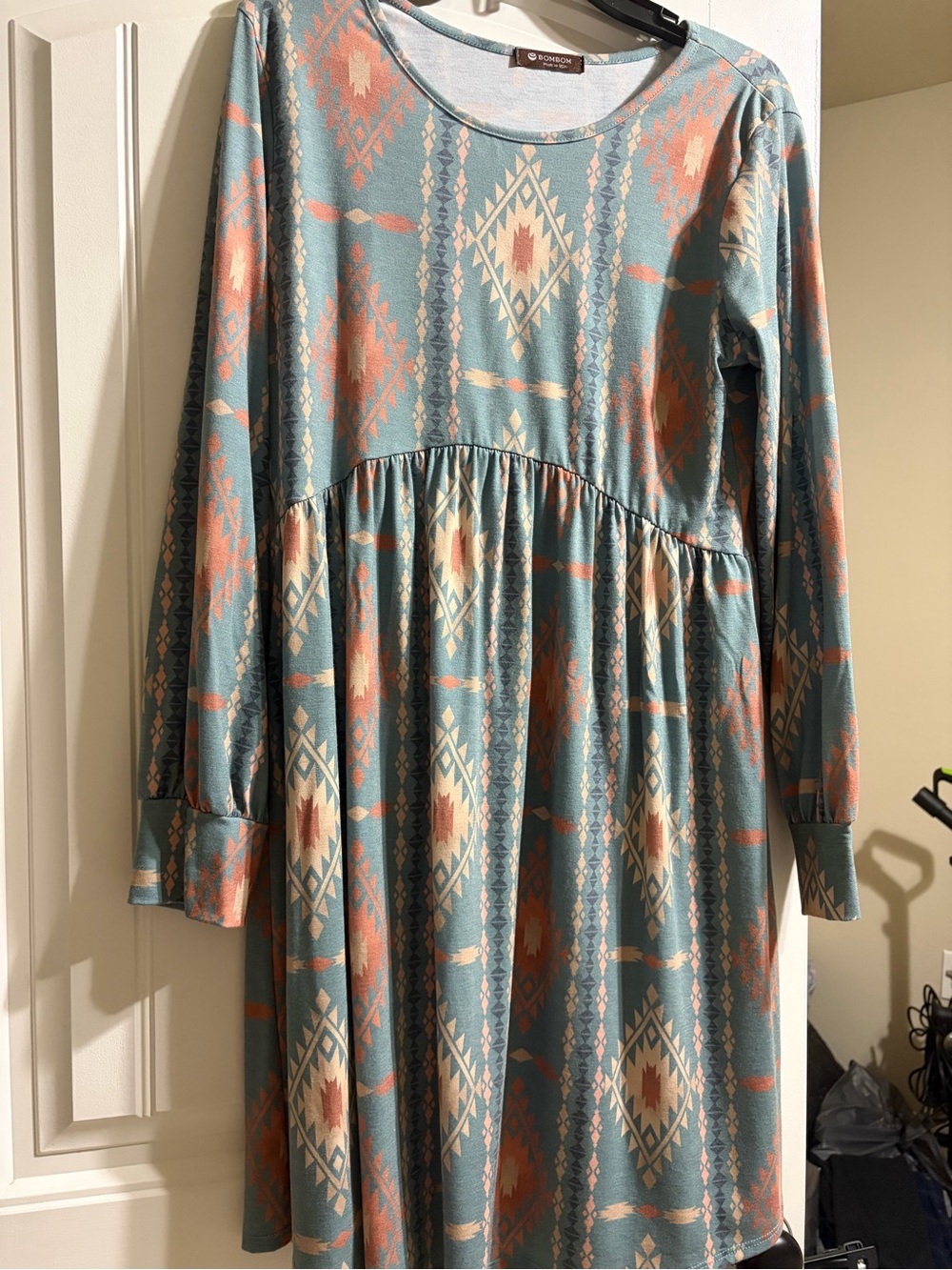 Boho Aztec Long Sleeve Midi Dress in Teal & Coral
